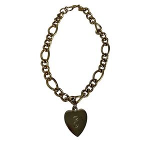 Merlite Gold Tone Heart Charm Bracelet Engraved Initial G Figaro Chain 7.25 Inch